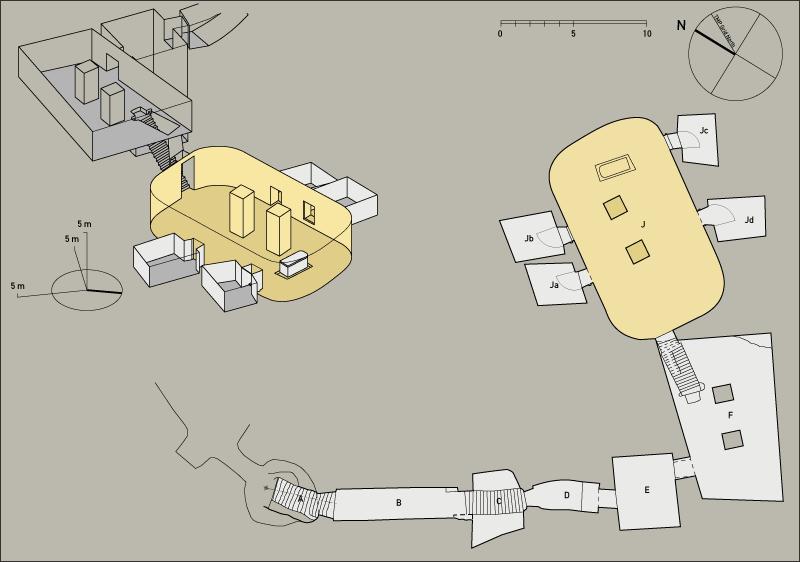 Plan and axonometric of Thutmes III's tomb.