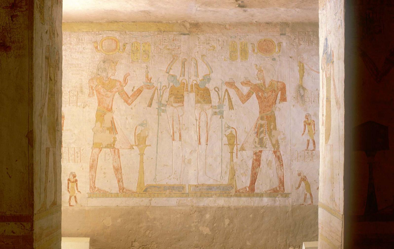 Double scene of Sety II offering to Osiris. Rear wall, center section.