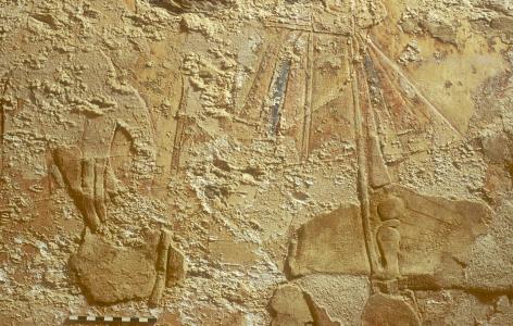North wall, left half; detail of skirt relief, illustrates salt encrustations on skirt relief.