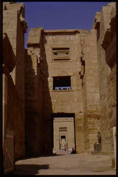 Madinat Habu, Rameses III Memorial temple, East High Gate looking west (without tourists)