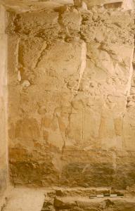 Painted relief on wall after cleaning: Rameses II with prince before deity.