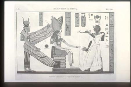 Rameses III censing and libating before Ptah-Sokar-Osiris, protected by winged Isis.